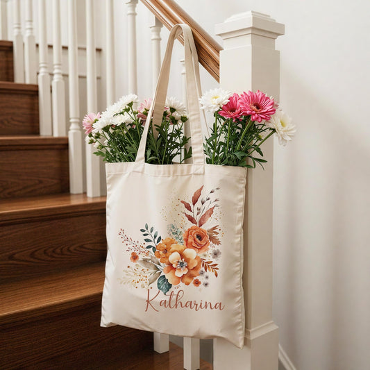 Tragetasche Personalisiert aus Baumwolle Stoffbeutel Geschenk - Tasche Weihnachtsgeschenk für sie Geschenk für Freundin Tasche mit Blumen