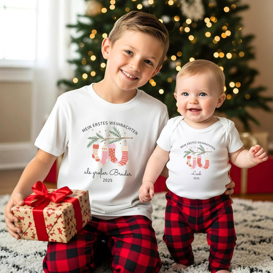Weihnachts - Shirts für die Familie Personalisiert, Mein Erstes Weihnachten - Partnerlook aus Baumwolle, Geschwister Outfit