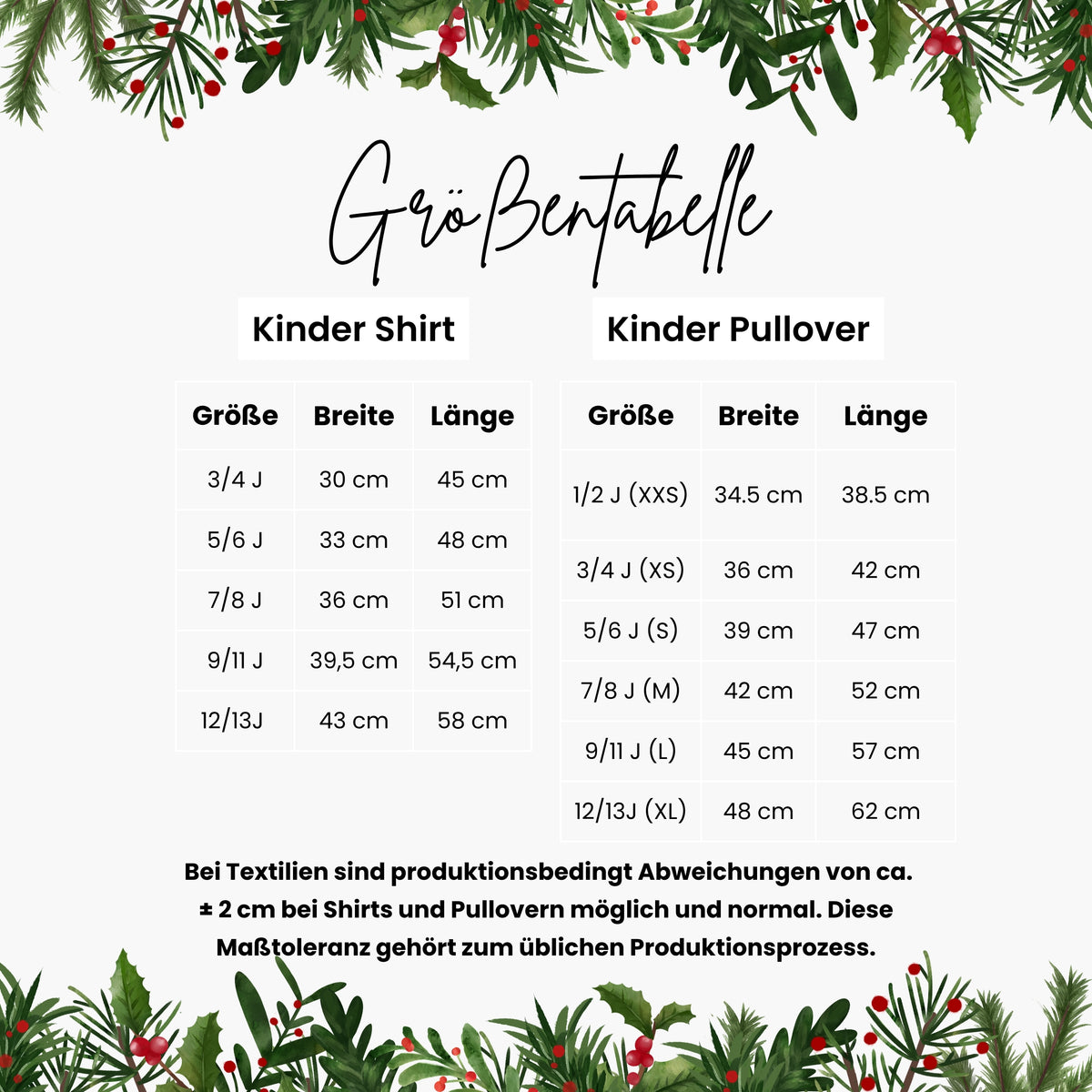 Größentabelle Kinder Shirt und Pullover Weihnachten