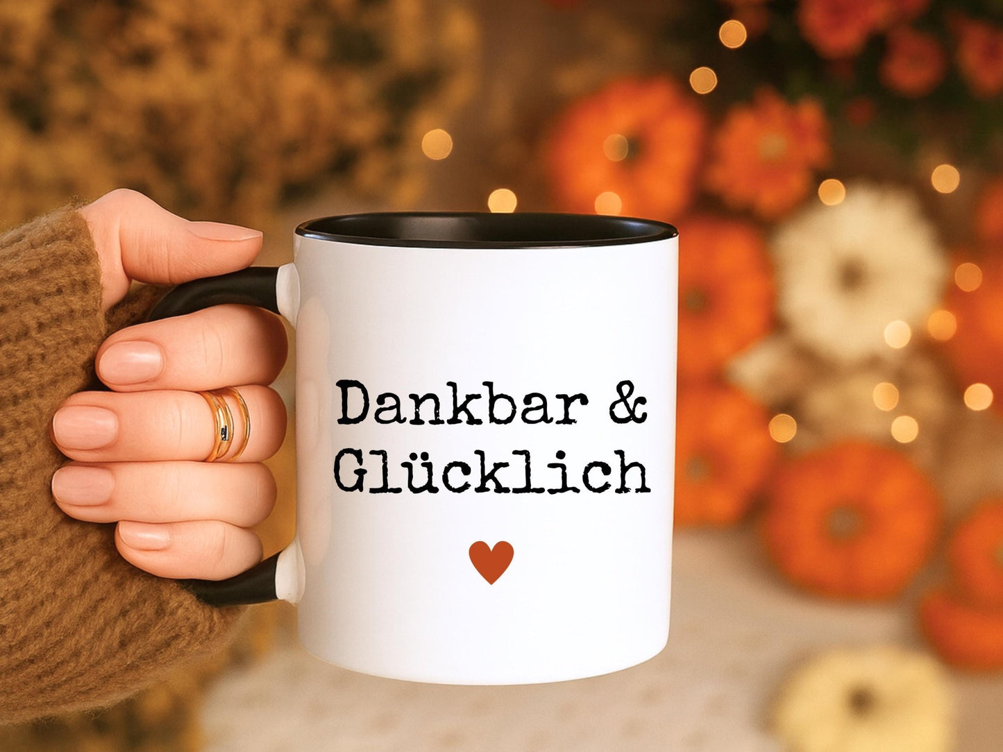 Dankbar Tasse Statement Keramikbecher zweifarbig Herbst Geschenk, Herbsttasse für Dankbarkeit Geschenk für Freundin