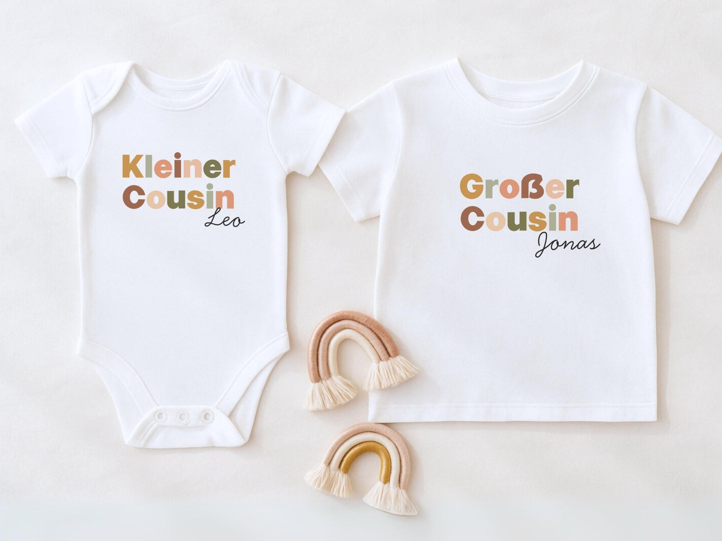 Großer Cousin Große Cousine Shirt & Babybody Set Partnerlook Outfit aus Bio - Baumwolle für Schwangerschaftsverkündung und Familienoutfit