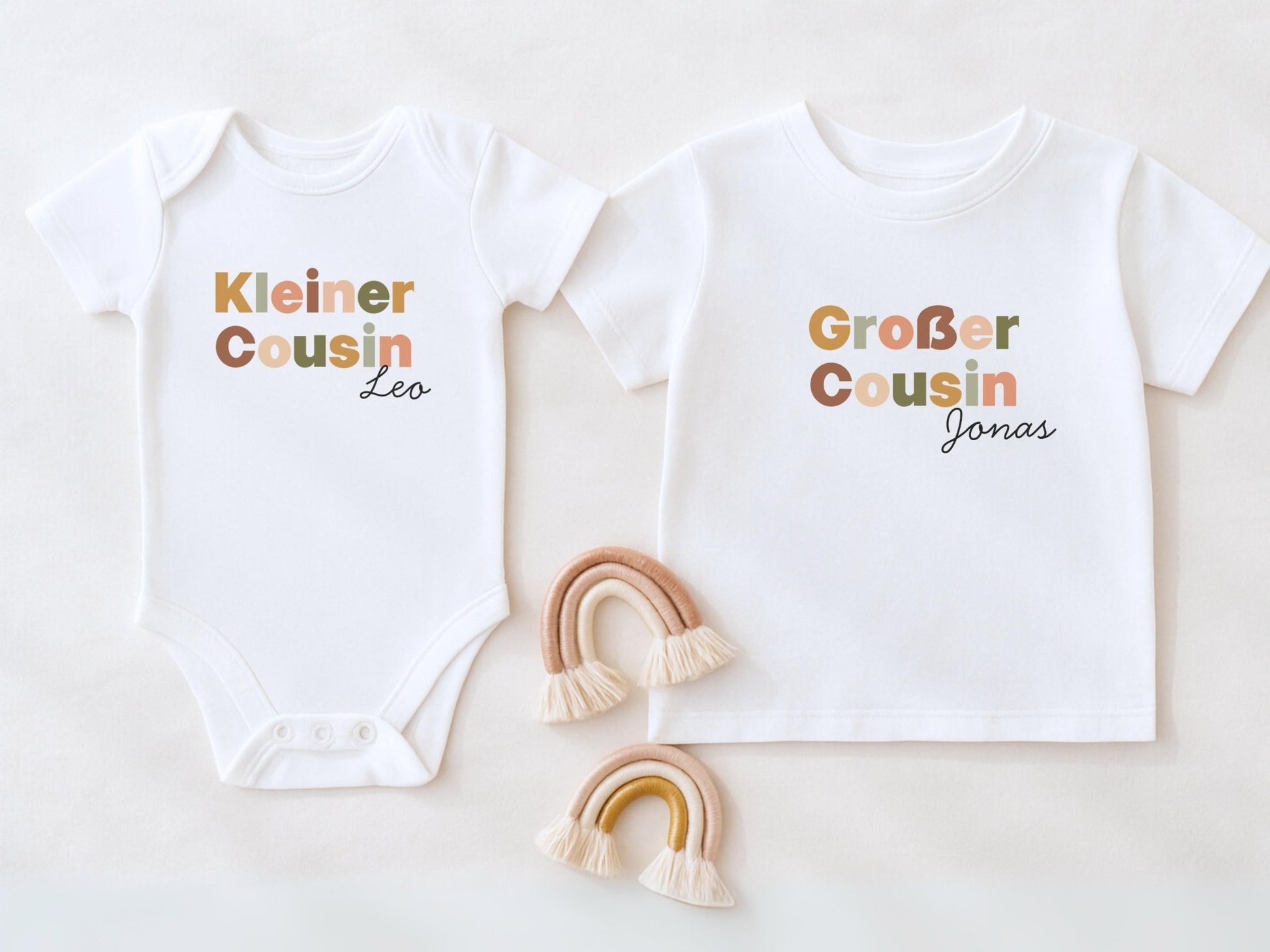 Großer Cousin Große Cousine Shirt & Babybody Set Partnerlook Outfit aus Bio - Baumwolle für Schwangerschaftsverkündung und Familienoutfit