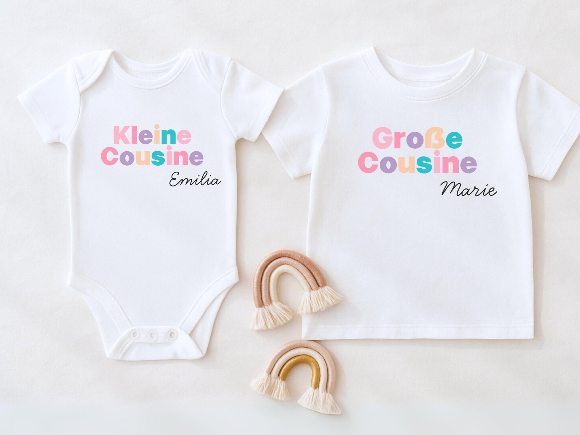 Großer Cousin Große Cousine Shirt & Babybody Set Partnerlook Outfit aus Bio - Baumwolle für Schwangerschaftsverkündung und Familienoutfit
