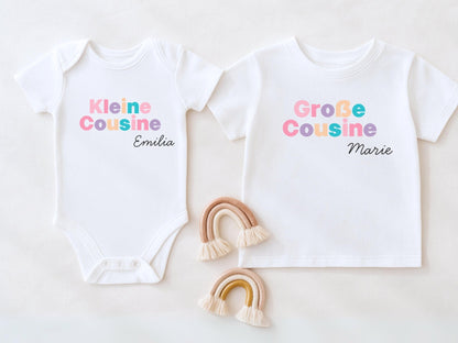 Großer Cousin Große Cousine Shirt & Babybody Set Partnerlook Outfit aus Bio - Baumwolle für Schwangerschaftsverkündung und Familienoutfit