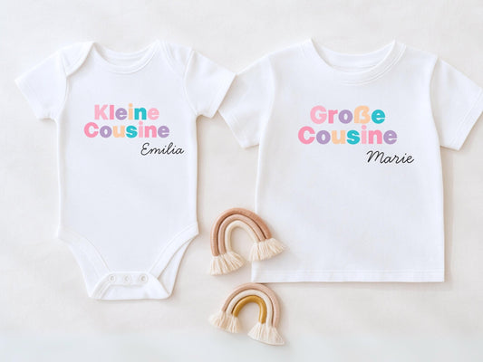 Großer Cousin Große Cousine Shirt & Babybody Set Partnerlook Outfit aus Bio - Baumwolle für Schwangerschaftsverkündung und Familienoutfit