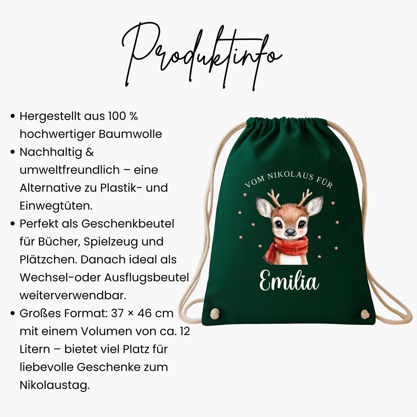 Großer Nikolausbeutel aus Baumwolle, Nachhaltiger Nikolaussack für Kinder Personalisiert, Geschenkbeutel zu Nikolaus & Weihnachten