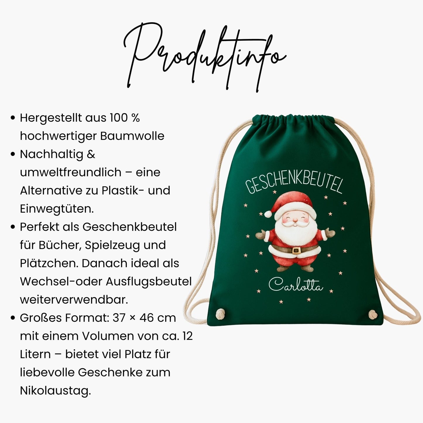Großer Nikolausbeutel aus Baumwolle, Personalisierter Stoffbeutel zu Weihnachten für Kinder, Geschenkbeutel zu Weihnachten und Nikolaus