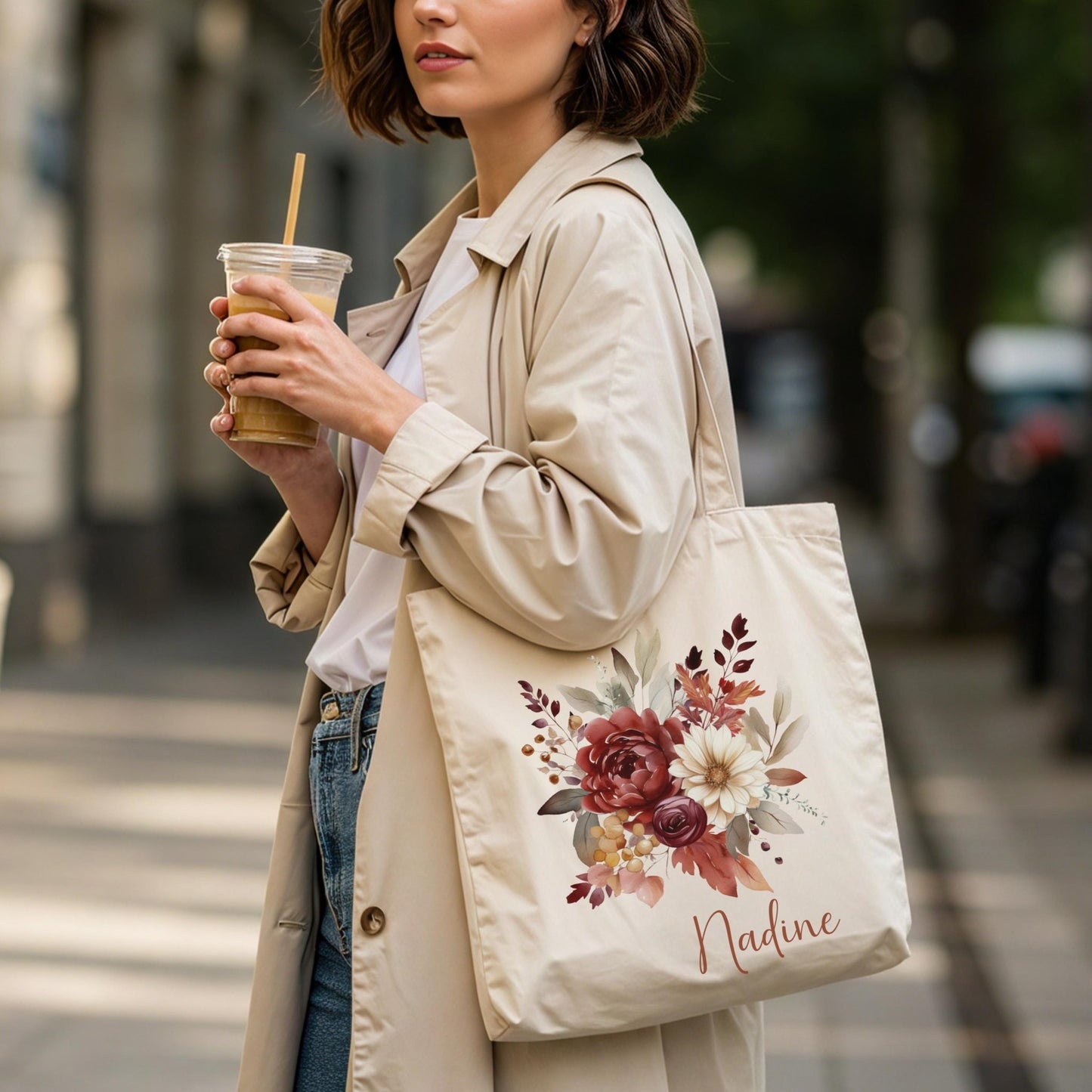 Herbst Tragetasche Personalisiert aus Baumwolle Florale Geschenk - Tasche Weihnachtsgeschenk für sie Geschenk für Freundin Tasche mit Blumen