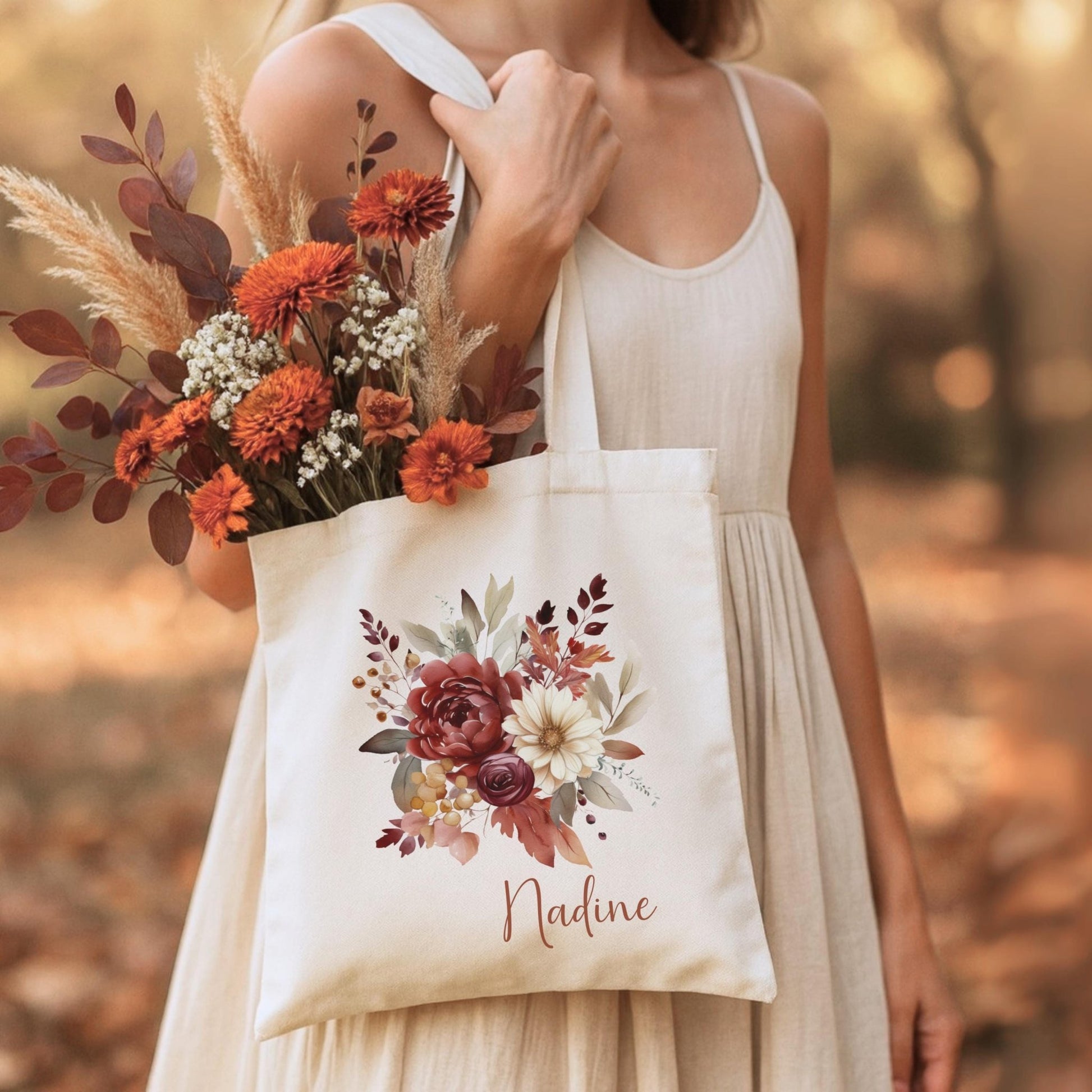 Herbst Tragetasche Personalisiert aus Baumwolle Florale Geschenk - Tasche Weihnachtsgeschenk für sie Geschenk für Freundin Tasche mit Blumen