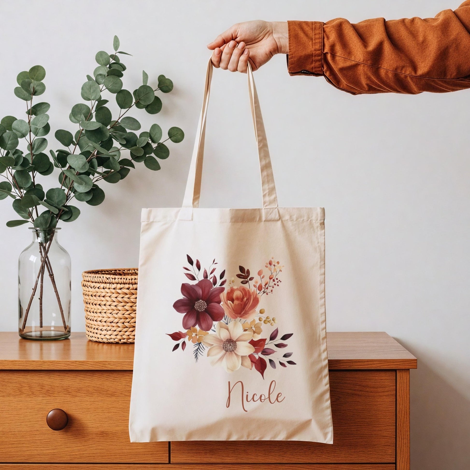 Tragetasche Personalisiert aus Baumwolle Stoffbeutel Geschenk - Tasche Weihnachtsgeschenk für sie Geschenk für Freundin Tasche mit Blumen