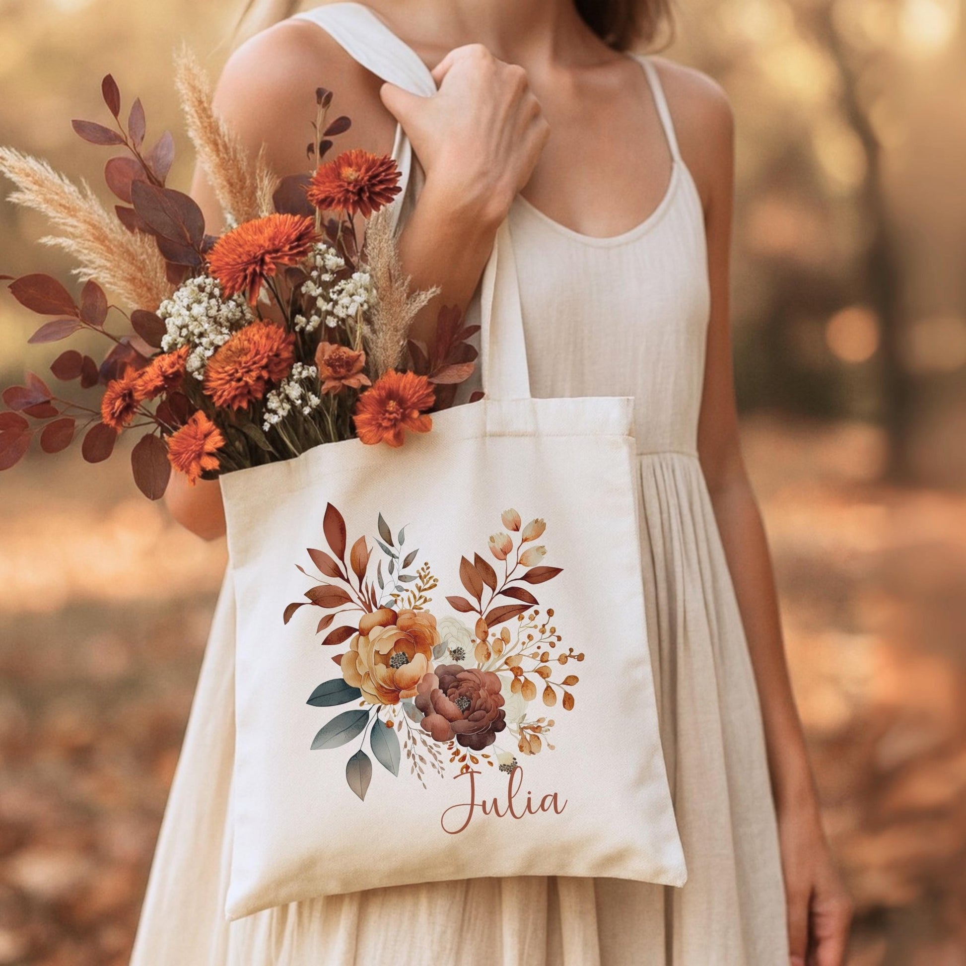 Tragetasche Personalisiert aus Baumwolle Stoffbeutel Geschenk - Tasche Weihnachtsgeschenk für sie Geschenk für Freundin Tasche mit Blumen