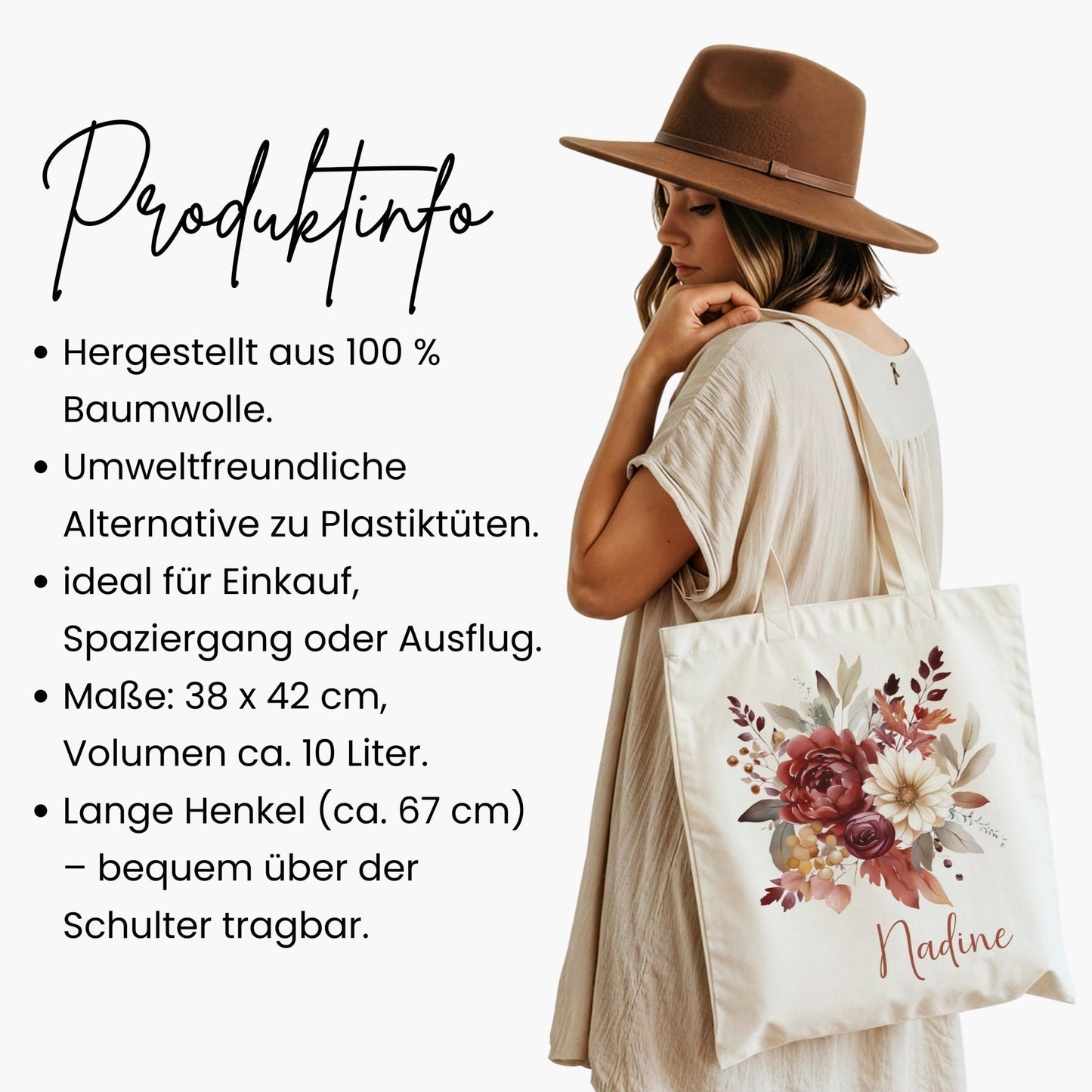 Tragetasche Personalisiert aus Baumwolle Stoffbeutel Geschenk - Tasche Weihnachtsgeschenk für sie Geschenk für Freundin Tasche mit Blumen