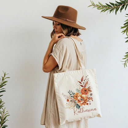 Tragetasche Personalisiert aus Baumwolle Stoffbeutel Geschenk - Tasche Weihnachtsgeschenk für sie Geschenk für Freundin Tasche mit Blumen