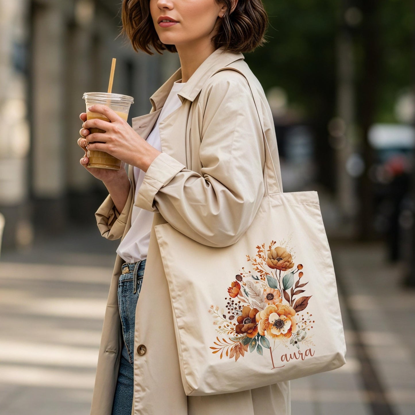 Tragetasche Personalisiert aus Baumwolle Stoffbeutel Geschenk - Tasche Weihnachtsgeschenk für sie Geschenk für Freundin Tasche mit Blumen