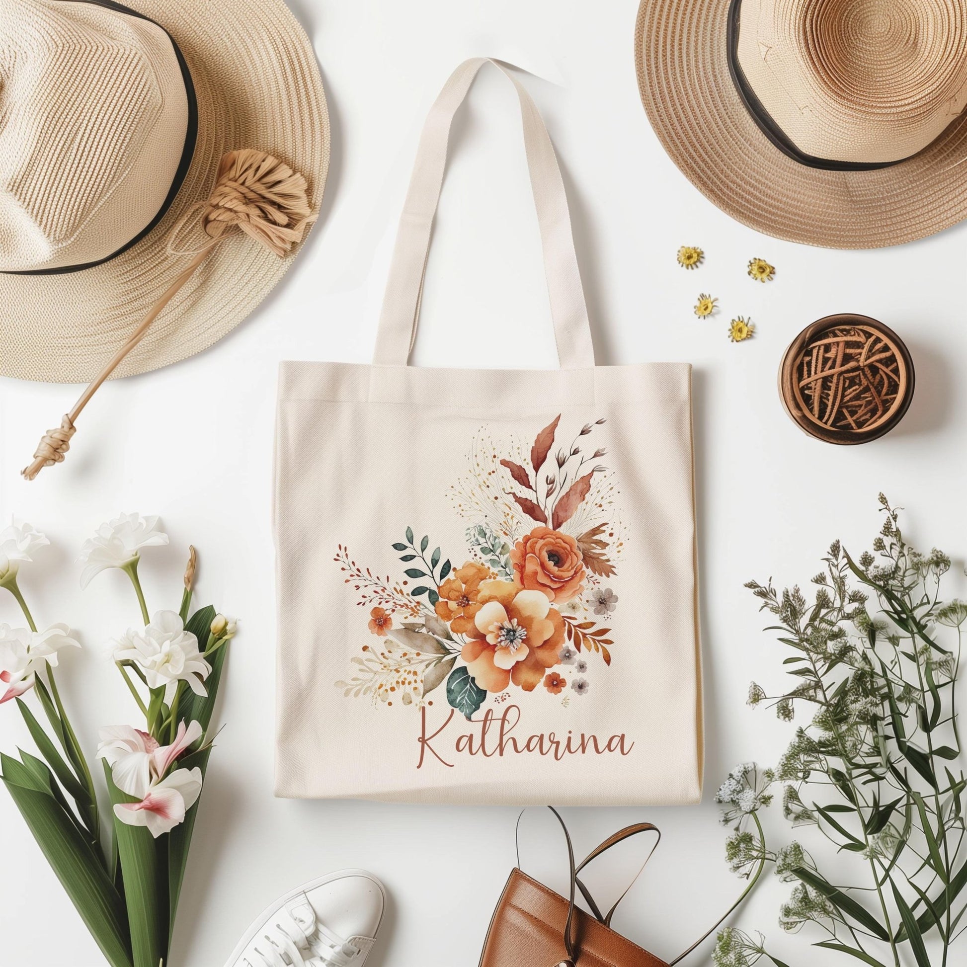 Tragetasche Personalisiert aus Baumwolle Stoffbeutel Geschenk - Tasche Weihnachtsgeschenk für sie Geschenk für Freundin Tasche mit Blumen