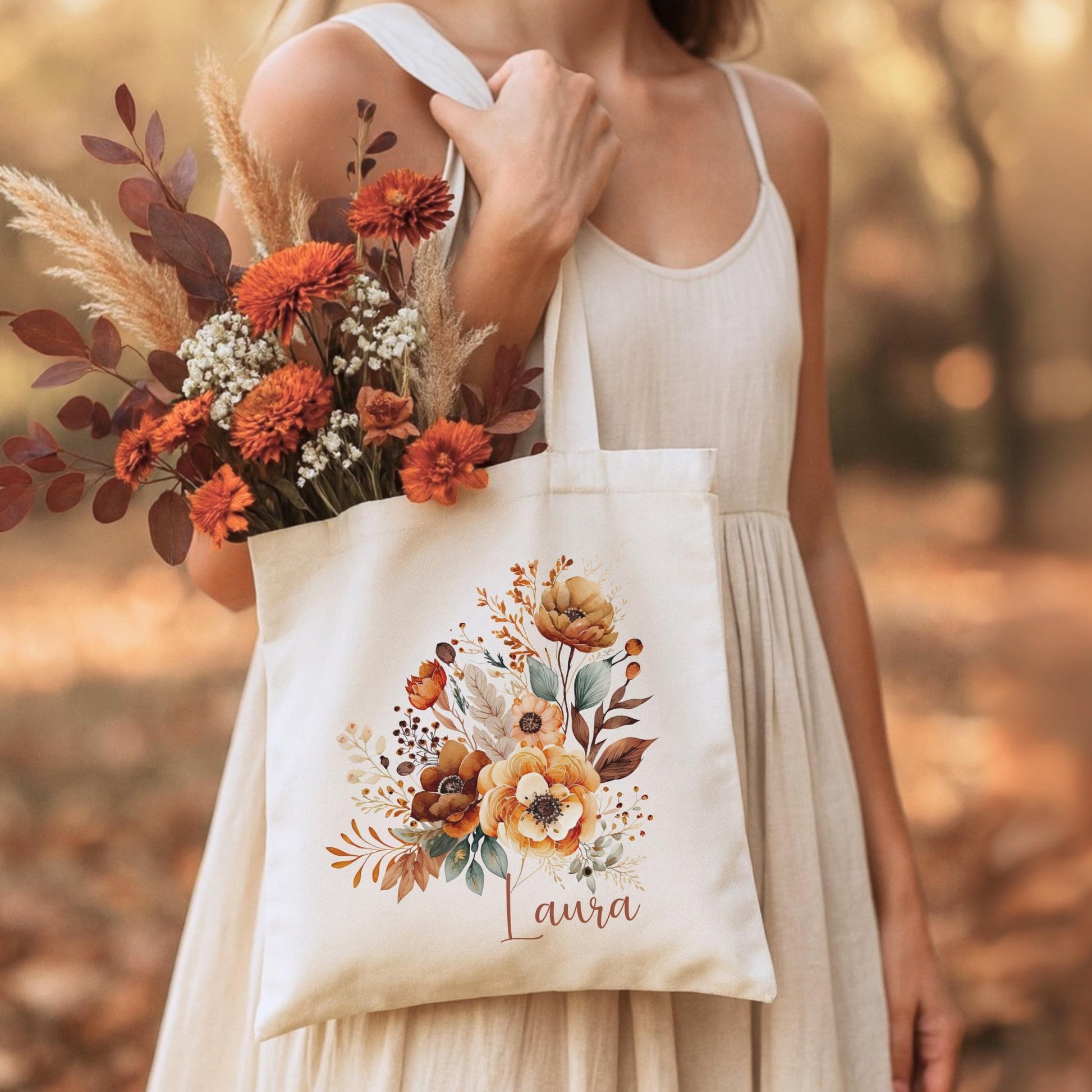 Tragetasche Personalisiert aus Baumwolle Stoffbeutel Geschenk - Tasche Weihnachtsgeschenk für sie Geschenk für Freundin Tasche mit Blumen