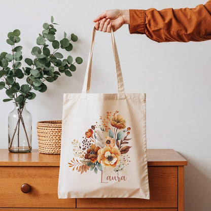 Tragetasche Personalisiert aus Baumwolle Stoffbeutel Geschenk - Tasche Weihnachtsgeschenk für sie Geschenk für Freundin Tasche mit Blumen
