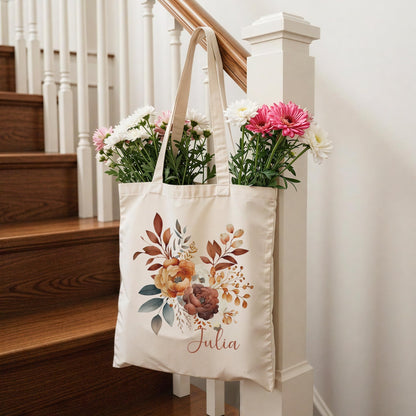 Tragetasche Personalisiert aus Baumwolle Stoffbeutel Geschenk - Tasche Weihnachtsgeschenk für sie Geschenk für Freundin Tasche mit Blumen