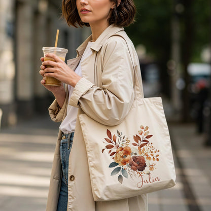 Tragetasche Personalisiert aus Baumwolle Stoffbeutel Geschenk - Tasche Weihnachtsgeschenk für sie Geschenk für Freundin Tasche mit Blumen