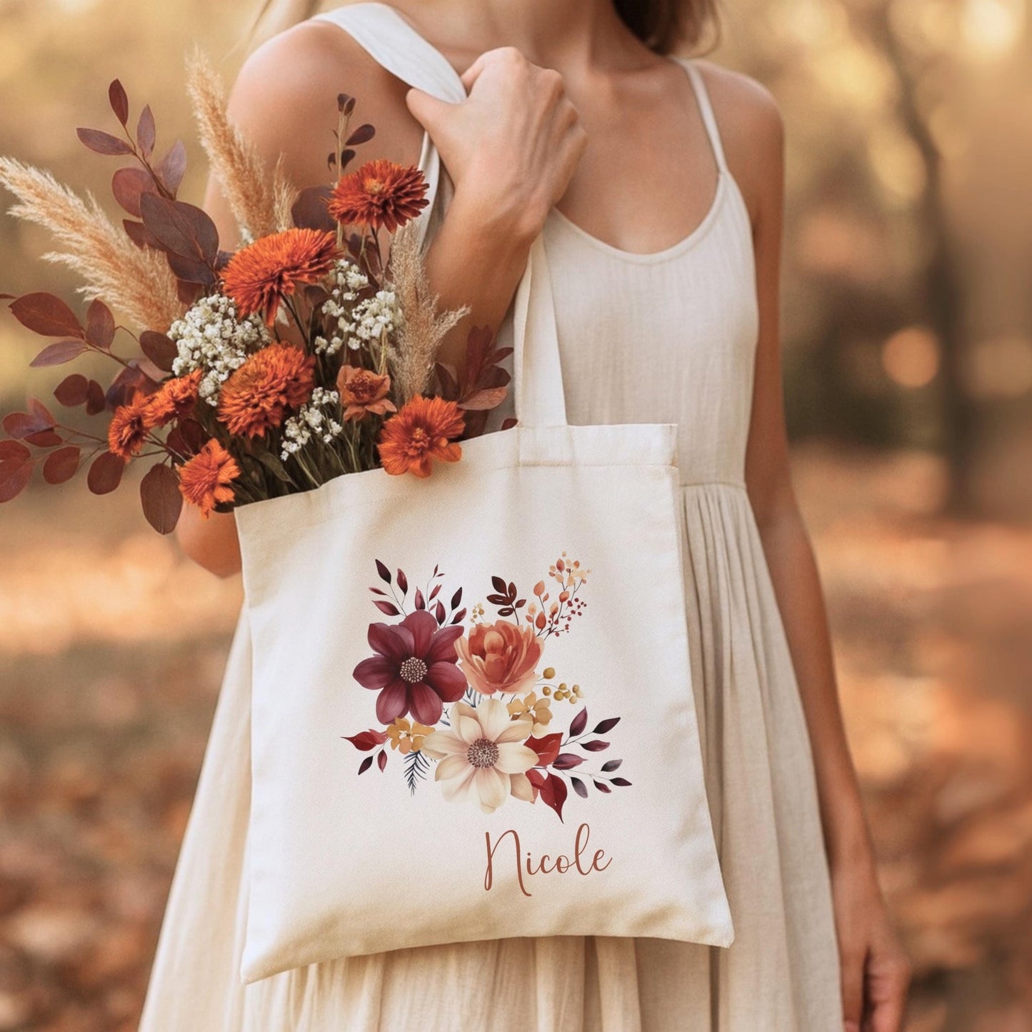 Tragetasche Personalisiert aus Baumwolle Stoffbeutel Geschenk - Tasche Weihnachtsgeschenk für sie Geschenk für Freundin Tasche mit Blumen