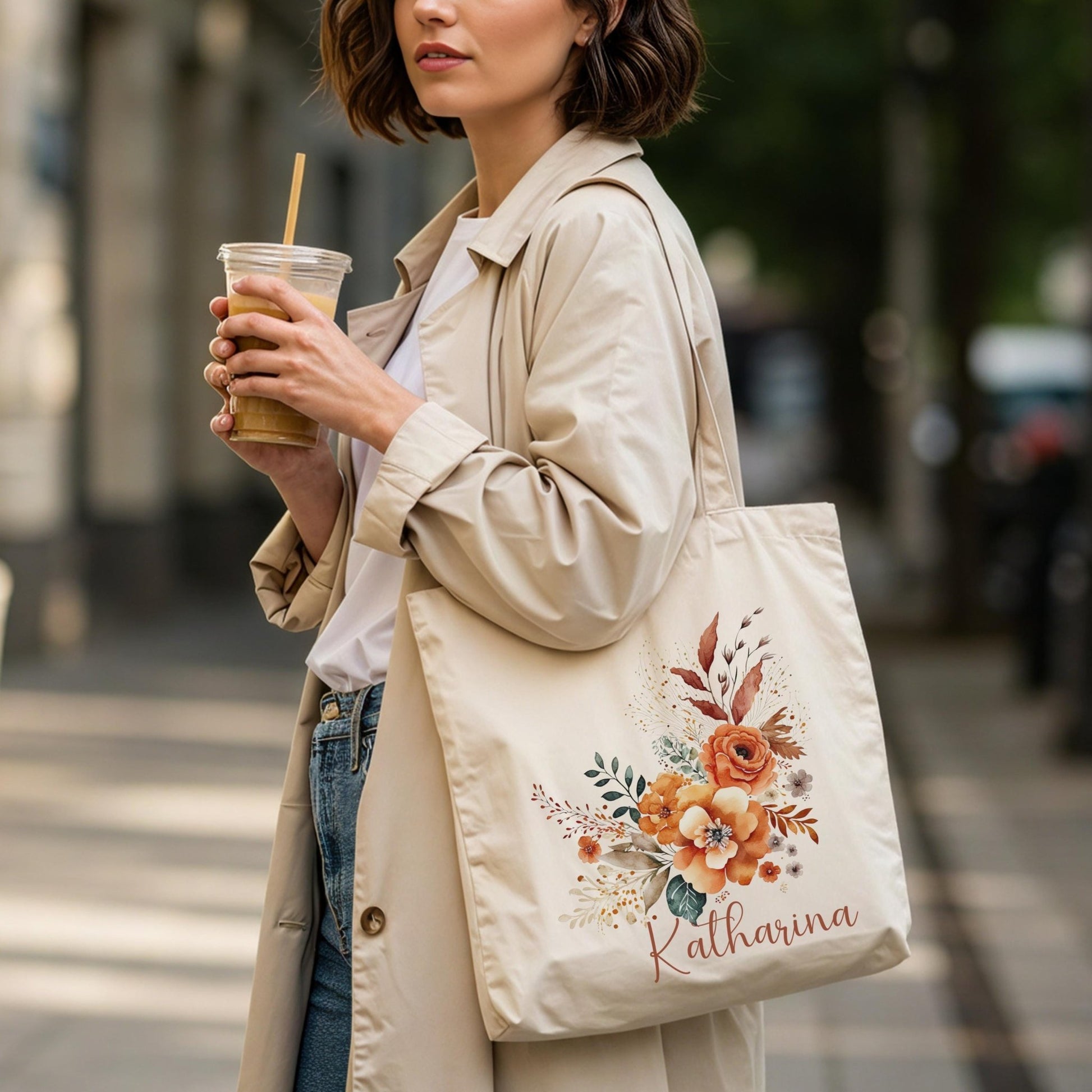 Tragetasche Personalisiert aus Baumwolle Stoffbeutel Geschenk - Tasche Weihnachtsgeschenk für sie Geschenk für Freundin Tasche mit Blumen