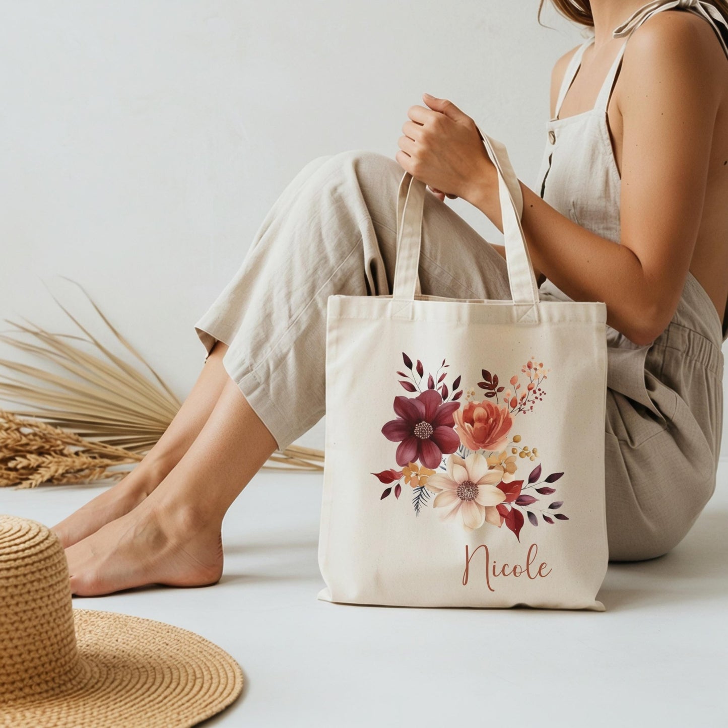 Tragetasche Personalisiert aus Baumwolle Stoffbeutel Geschenk - Tasche Weihnachtsgeschenk für sie Geschenk für Freundin Tasche mit Blumen