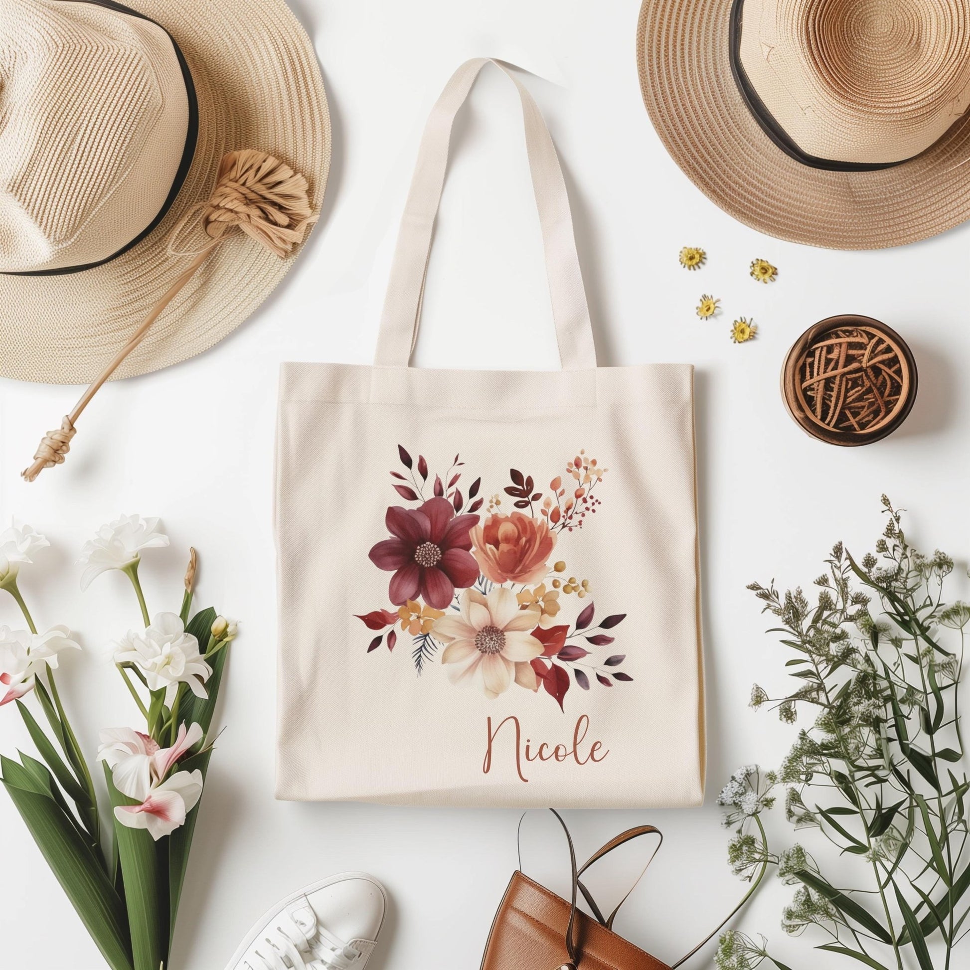 Tragetasche Personalisiert aus Baumwolle Stoffbeutel Geschenk - Tasche Weihnachtsgeschenk für sie Geschenk für Freundin Tasche mit Blumen