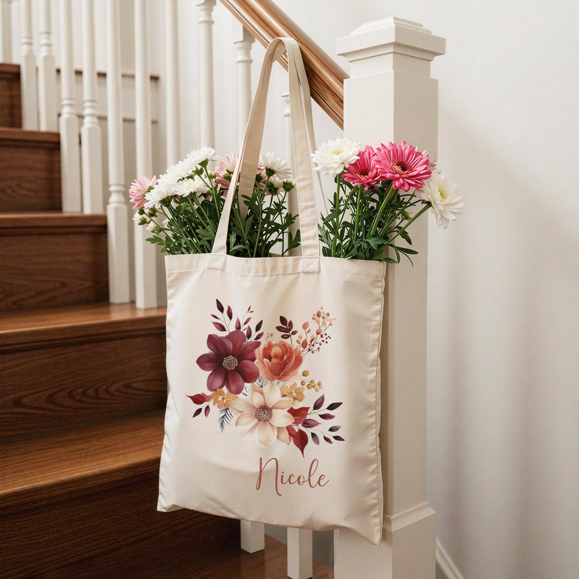 Tragetasche Personalisiert aus Baumwolle Stoffbeutel Geschenk - Tasche Weihnachtsgeschenk für sie Geschenk für Freundin Tasche mit Blumen
