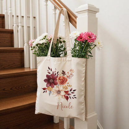 Tragetasche Personalisiert aus Baumwolle Stoffbeutel Geschenk - Tasche Weihnachtsgeschenk für sie Geschenk für Freundin Tasche mit Blumen