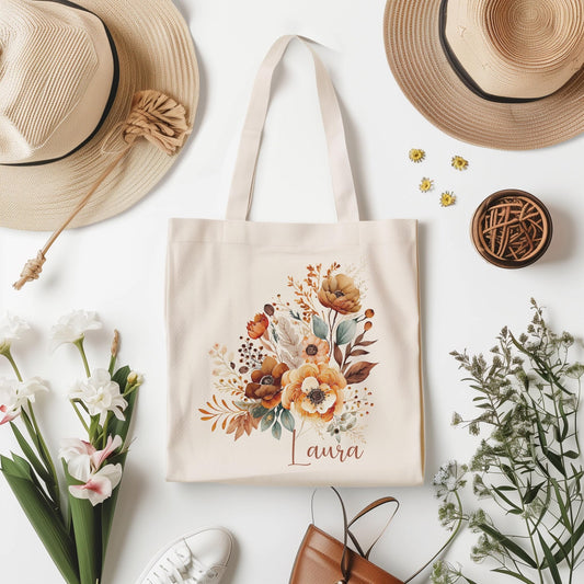 Tragetasche Personalisiert aus Baumwolle Stoffbeutel Geschenk - Tasche Weihnachtsgeschenk für sie Geschenk für Freundin Tasche mit Blumen