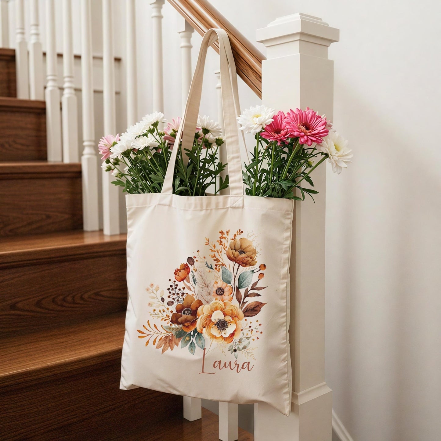 Tragetasche Personalisiert aus Baumwolle Stoffbeutel Geschenk - Tasche Weihnachtsgeschenk für sie Geschenk für Freundin Tasche mit Blumen