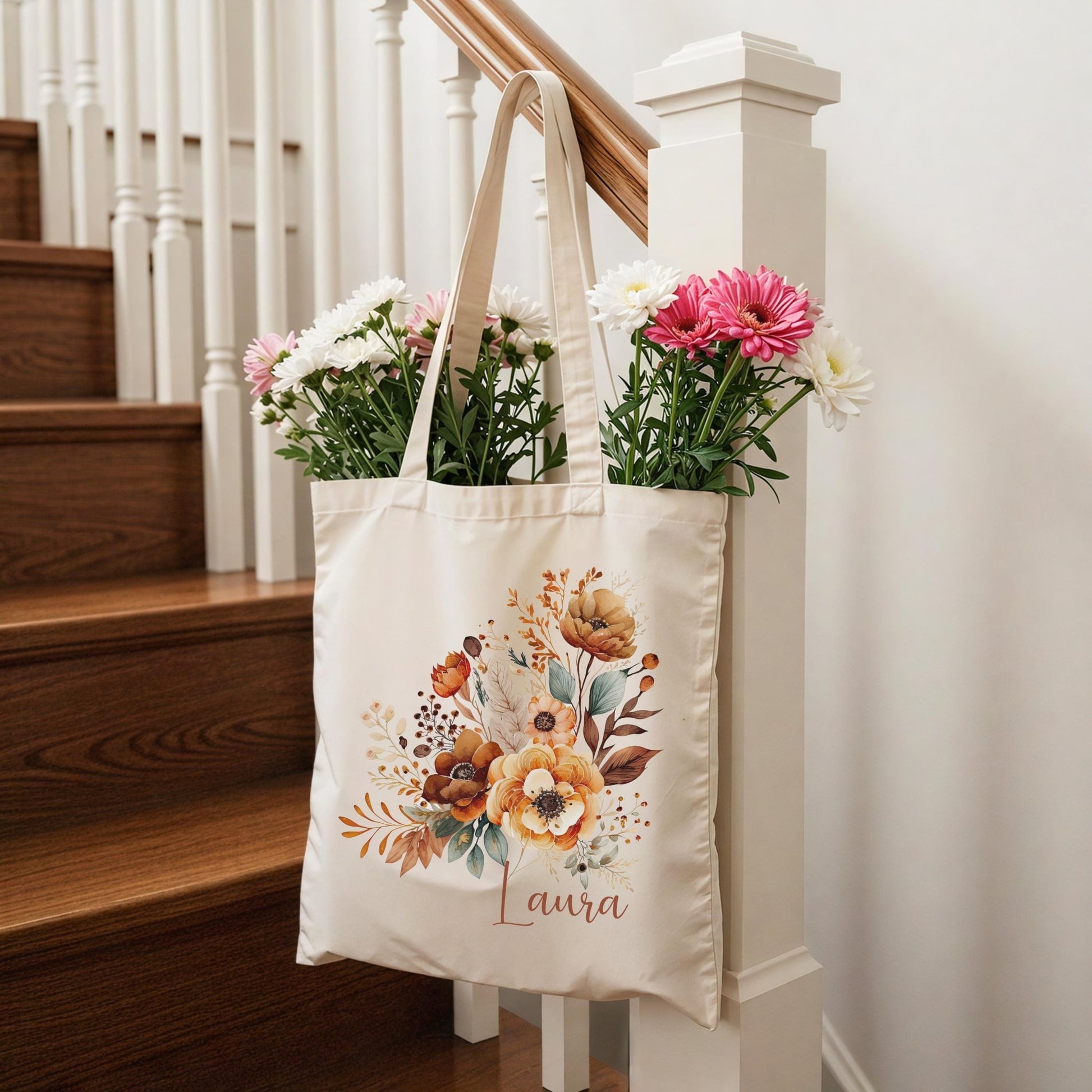 Tragetasche Personalisiert aus Baumwolle Stoffbeutel Geschenk - Tasche Weihnachtsgeschenk für sie Geschenk für Freundin Tasche mit Blumen