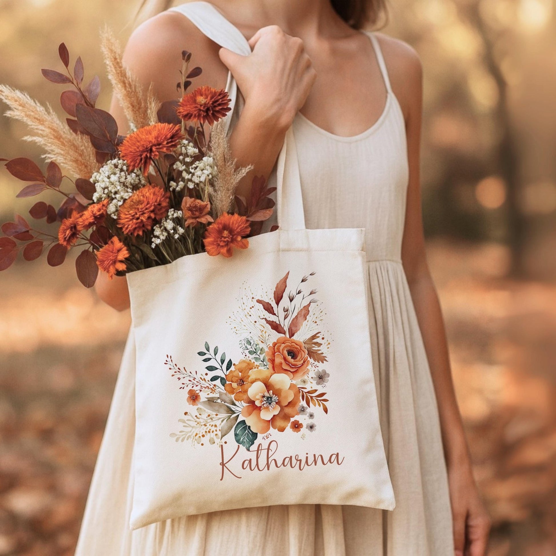Tragetasche Personalisiert aus Baumwolle Stoffbeutel Geschenk - Tasche Weihnachtsgeschenk für sie Geschenk für Freundin Tasche mit Blumen