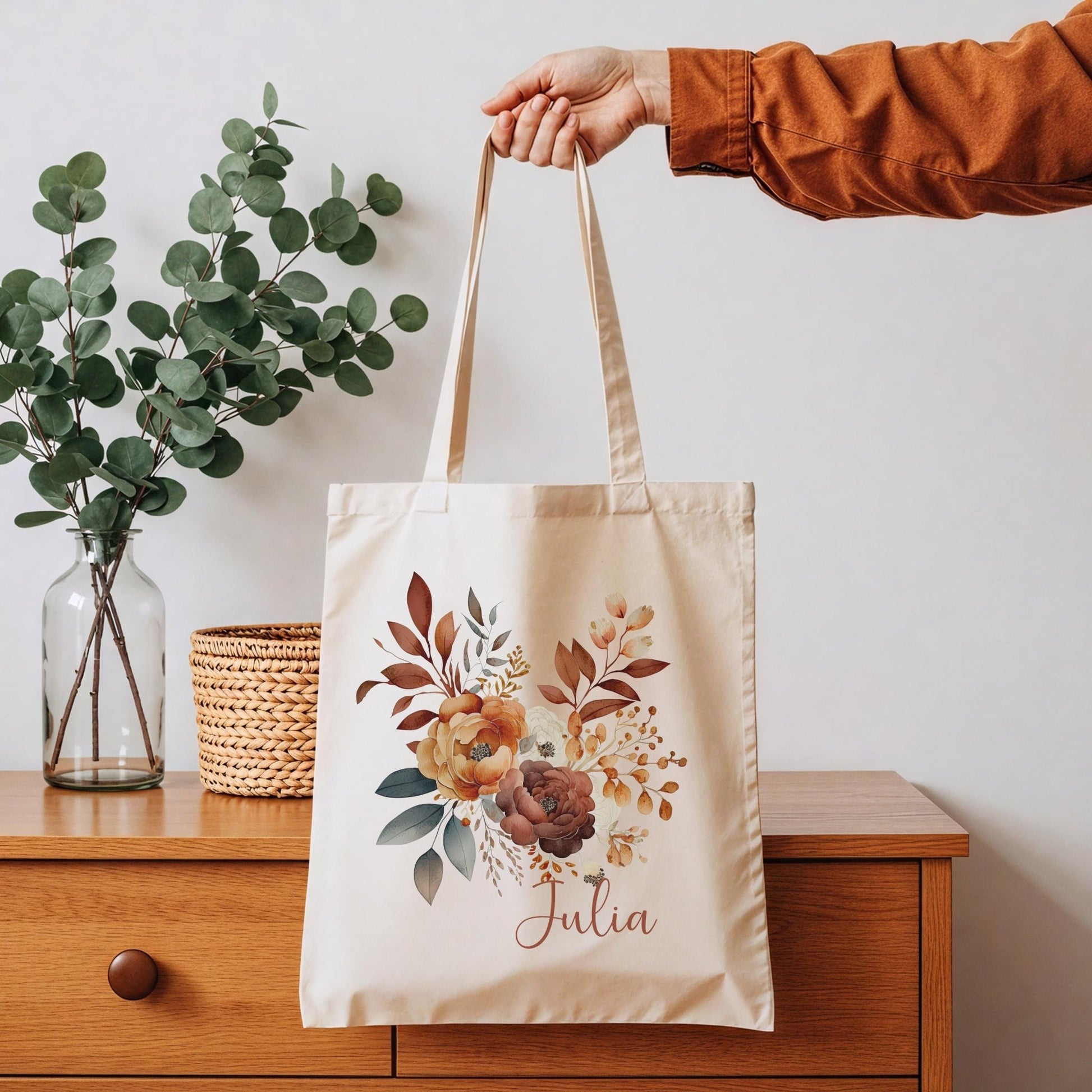 Tragetasche Personalisiert aus Baumwolle Stoffbeutel Geschenk - Tasche Weihnachtsgeschenk für sie Geschenk für Freundin Tasche mit Blumen