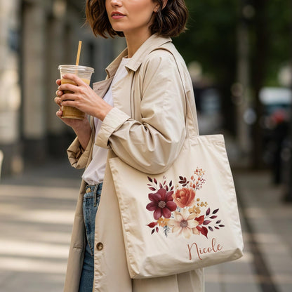 Tragetasche Personalisiert aus Baumwolle Stoffbeutel Geschenk - Tasche Weihnachtsgeschenk für sie Geschenk für Freundin Tasche mit Blumen