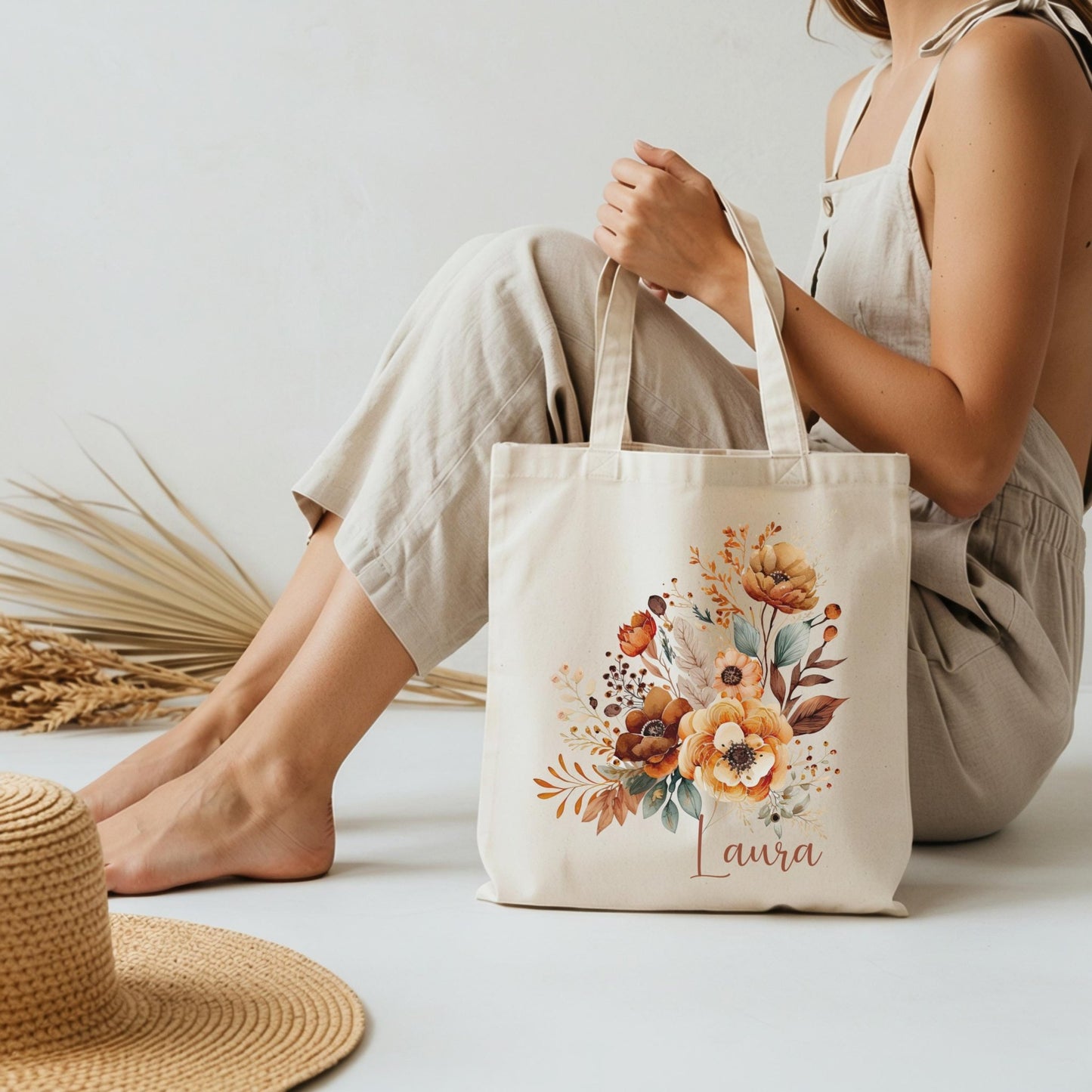 Tragetasche Personalisiert aus Baumwolle Stoffbeutel Geschenk - Tasche Weihnachtsgeschenk für sie Geschenk für Freundin Tasche mit Blumen