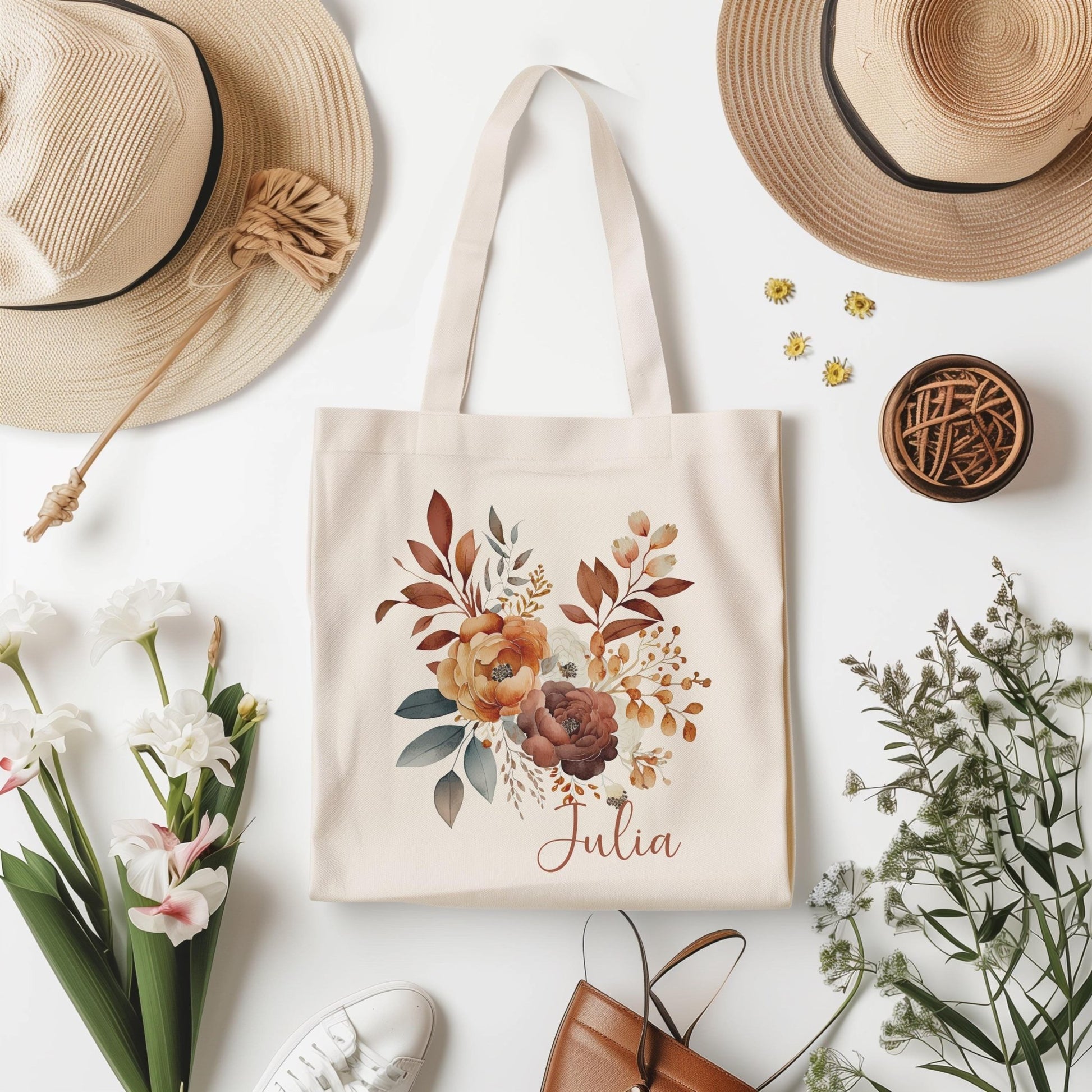 Tragetasche Personalisiert aus Baumwolle Stoffbeutel Geschenk - Tasche Weihnachtsgeschenk für sie Geschenk für Freundin Tasche mit Blumen