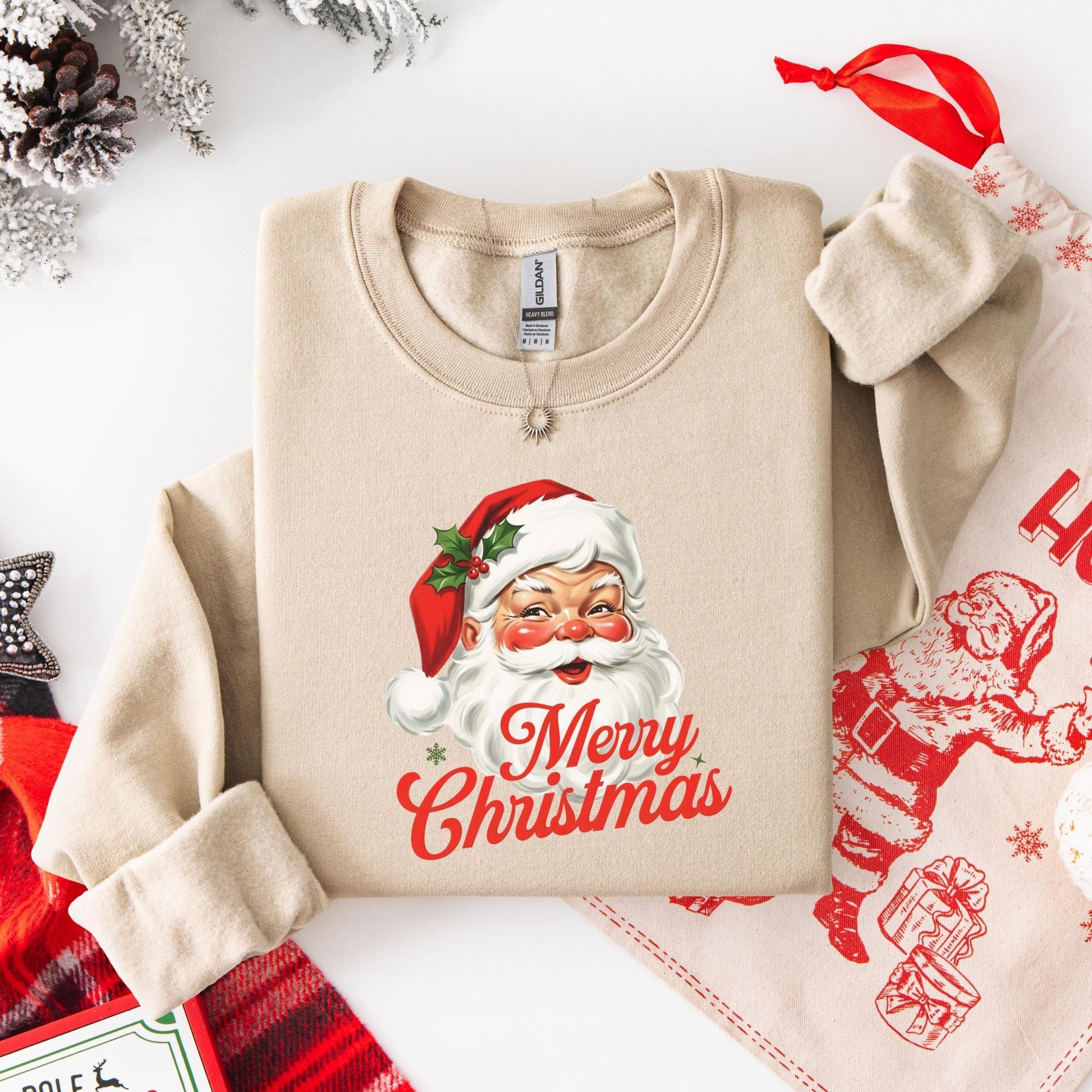 Vintage Weihnachtspullover mit Weihnachtsmann Merry Christmas