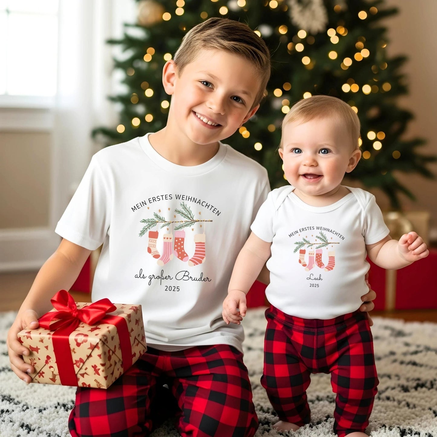 Weihnachts - Shirts für die Familie Personalisiert, Mein Erstes Weihnachten - Partnerlook aus Baumwolle, Geschwister Outfit