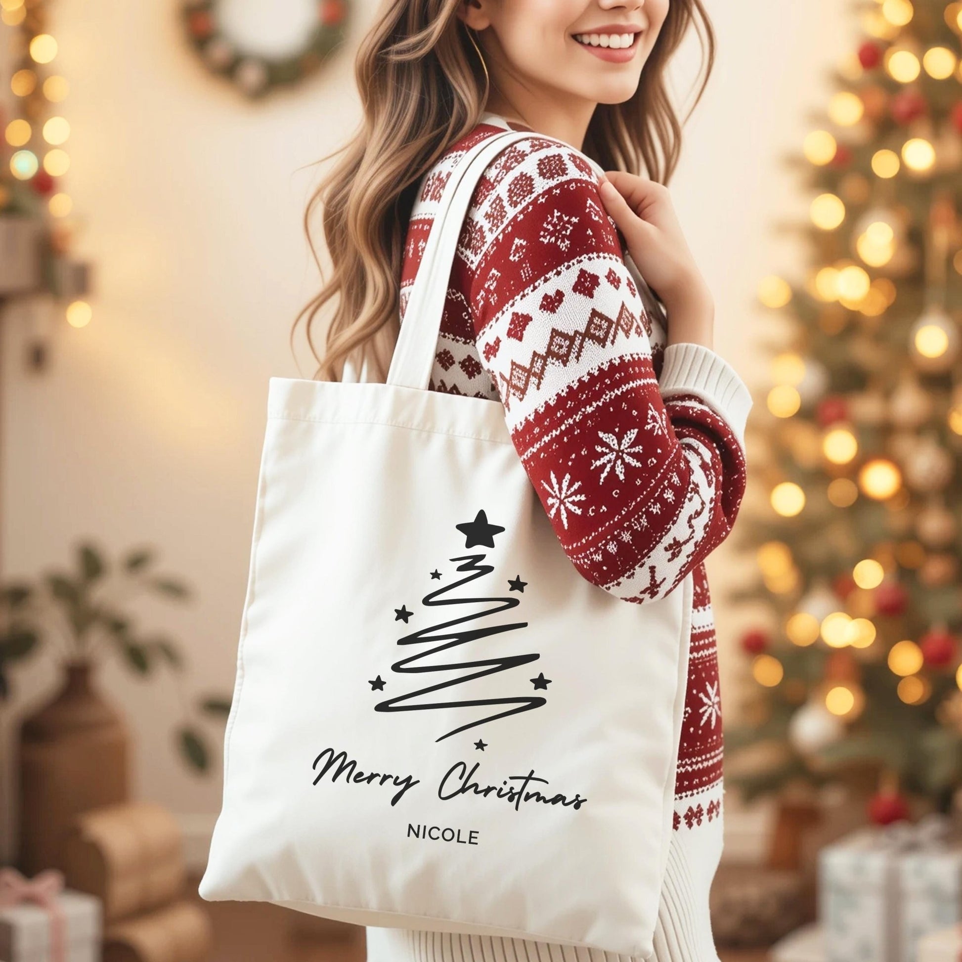 Weihnachts Tasche aus Baumwolle Personalisiert Tragetasche als Mitarbeitergeschenk Nachhaltige Geschenkverpackung Stoffbeutel Weihnachten